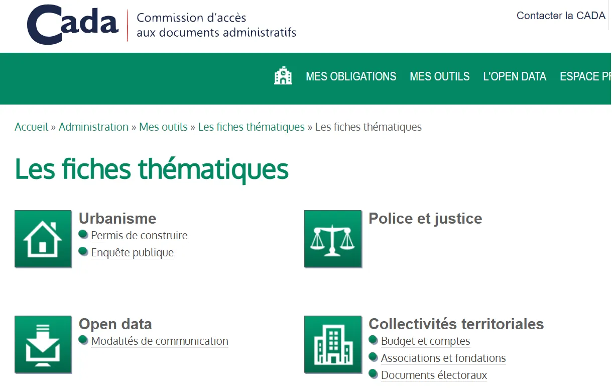 Copie écran du site de la CADA, fiches thématiques, comme outils de l'administration